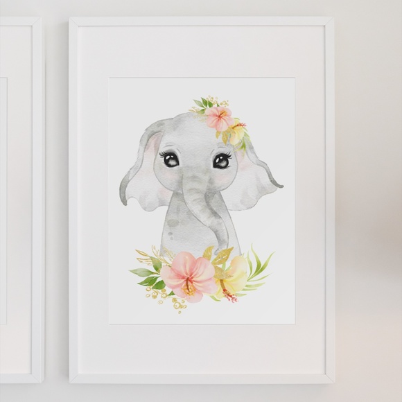 Cute Watercolor Floral Elephant Wall Art Print Poster Unframed - Picture 4 of 15